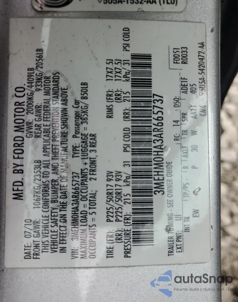 2010 Mercury Milan from USA, damaged, VIN 3MEHM0HA3AR665737